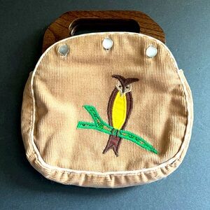 Vintage BERMUDA BAG Owl Applique on Corduroy Tan & Linen Gingham w/Wood Handles